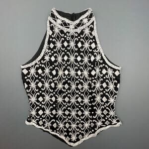 Vintage Papell Boutique Black White Beaded Silk Sleeveless Formal Top